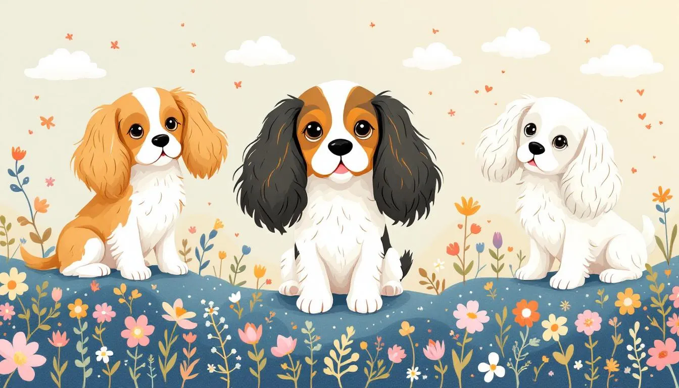 Cavalier King Charles Spaniel z różnymi umaszczeniami.