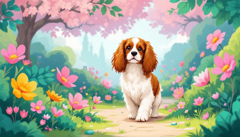 Cavalier King Charles Spaniel w parku, otoczony zielenią.