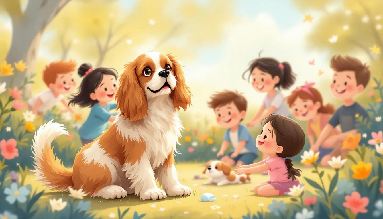 Cavalier King Charles Spaniel bawiący się z dziećmi.