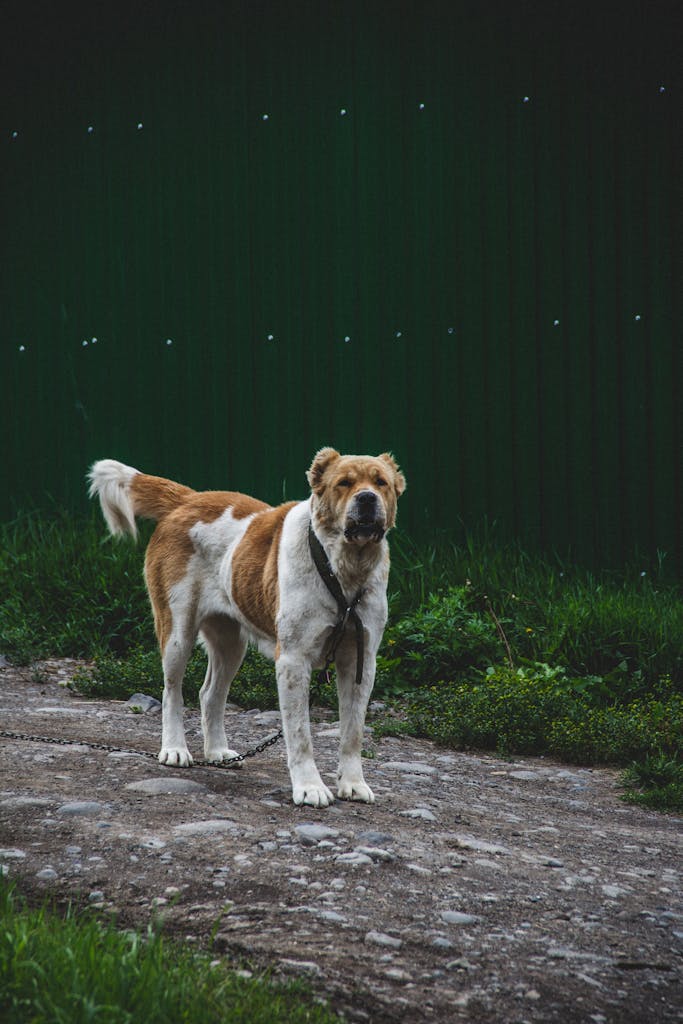 A Central Asian Shepherd dog standing on a dirt path, wearing a collar and leash.