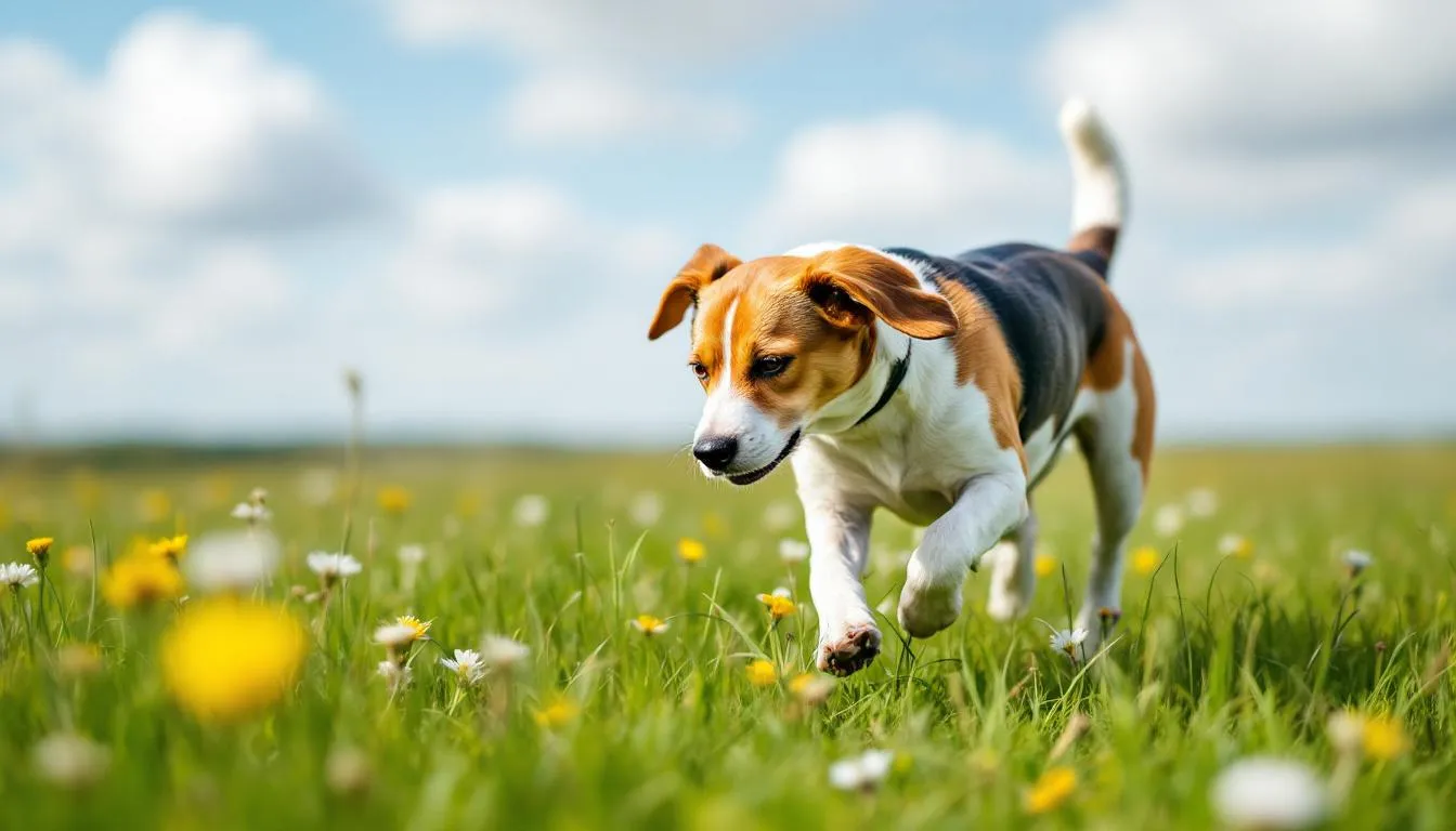 Na łące widać psa rasy beagle w akcji łowieckiej, intensywnie węszy i poszukuje drobnej zwierzyny. Jego wesołe usposobienie i silny instynkt łowiecki sprawiają, że jest doskonałym psem myśliwskim.