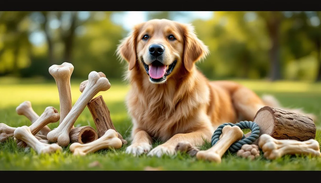 Na obrazku widoczny jest szczęśliwy pies leżący obok różnych naturalnych kości i gryzaków, które zaspokajają odruch gryzienia. Wśród nich znajdują się kości drobiowe i wołowe, które wspierają zdrowie jamy ustnej oraz są doskonałym źródłem wartości odżywczych dla twojego pupila.