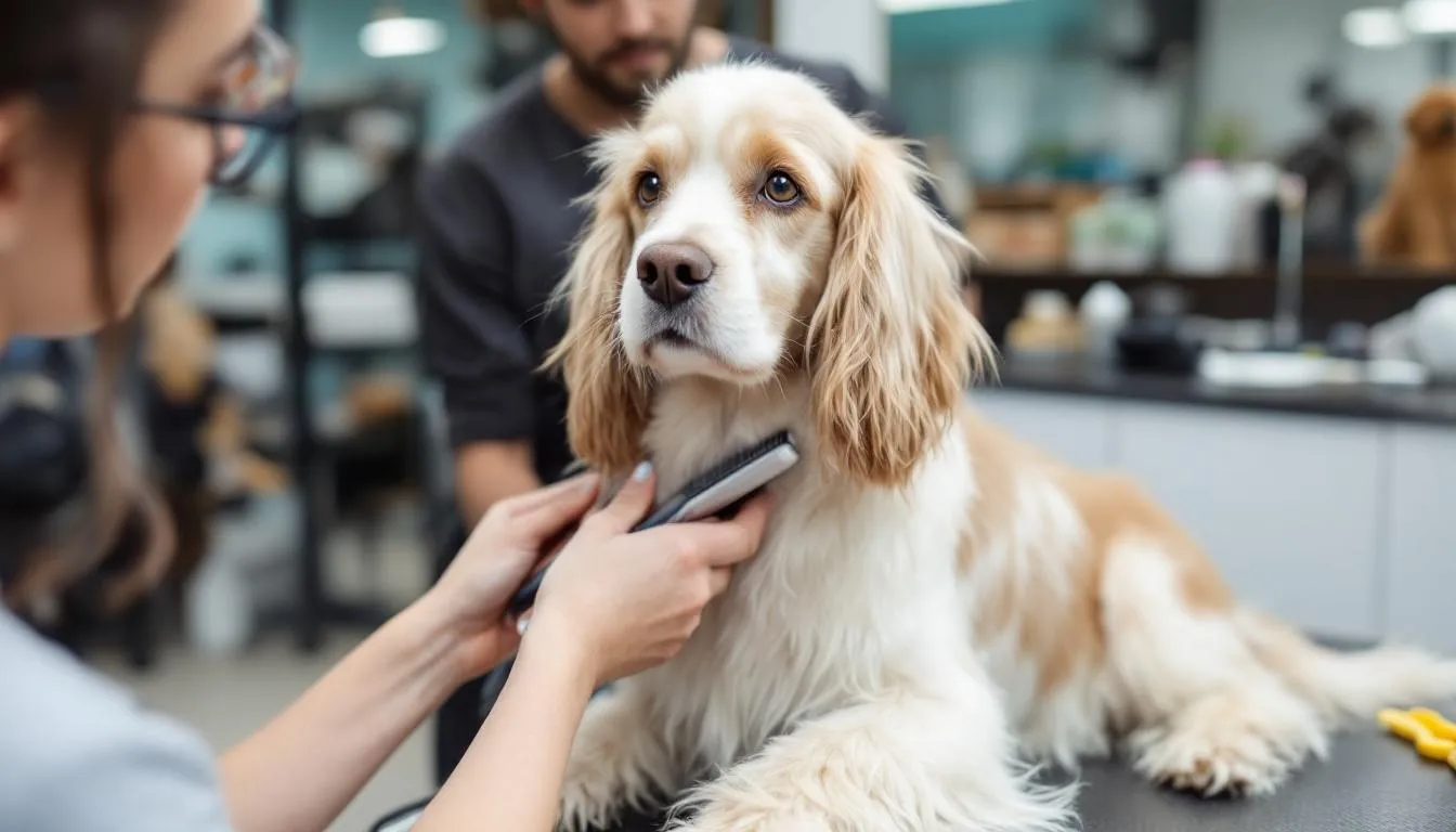 Na zdjęciu widoczny jest cocker spaniel angielski podczas sesji pielęgnacyjnej u groomera, gdzie jego długie, jedwabiste włosy są starannie czesane. Pies ma wiszące uszy i radosny wyraz twarzy, co podkreśla jego uroczy wygląd.