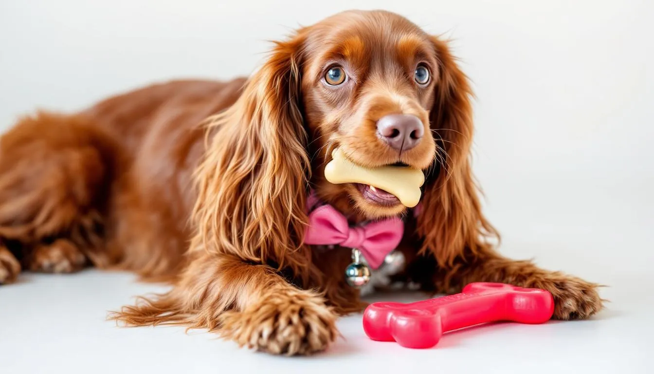Na obrazie znajduje się cocker spaniel angielski otoczony różnymi akcesoriami pielęgnacyjnymi, takimi jak szczotki i grzebienie, oraz zabawkami. Pies ma długą, jedwabistą sierść i radosny wyraz twarzy, co podkreśla jego uroczy wygląd.
