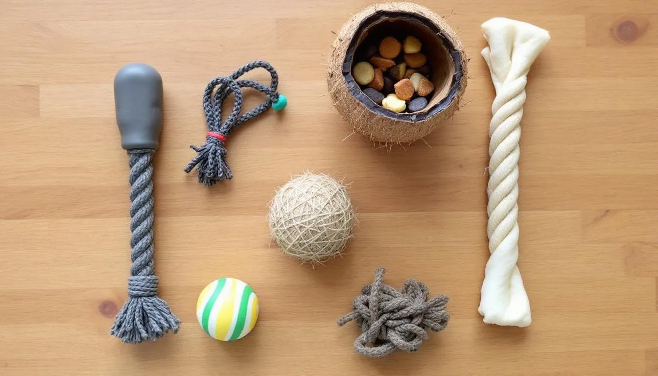 Na drewnianej powierzchni ułożone są różnorodne naturalne gryzaki i alternatywy dla kości, które zaspokajają odruch gryzienia twojego pupila, wspierając zdrowie jamy ustnej oraz dostarczając wartości odżywcze. Wśród nich znajdują się twarde kości, mięsne krążki oraz naturalne gryzaki, które doskonale smakują i są idealne dla psów w każdym wieku.