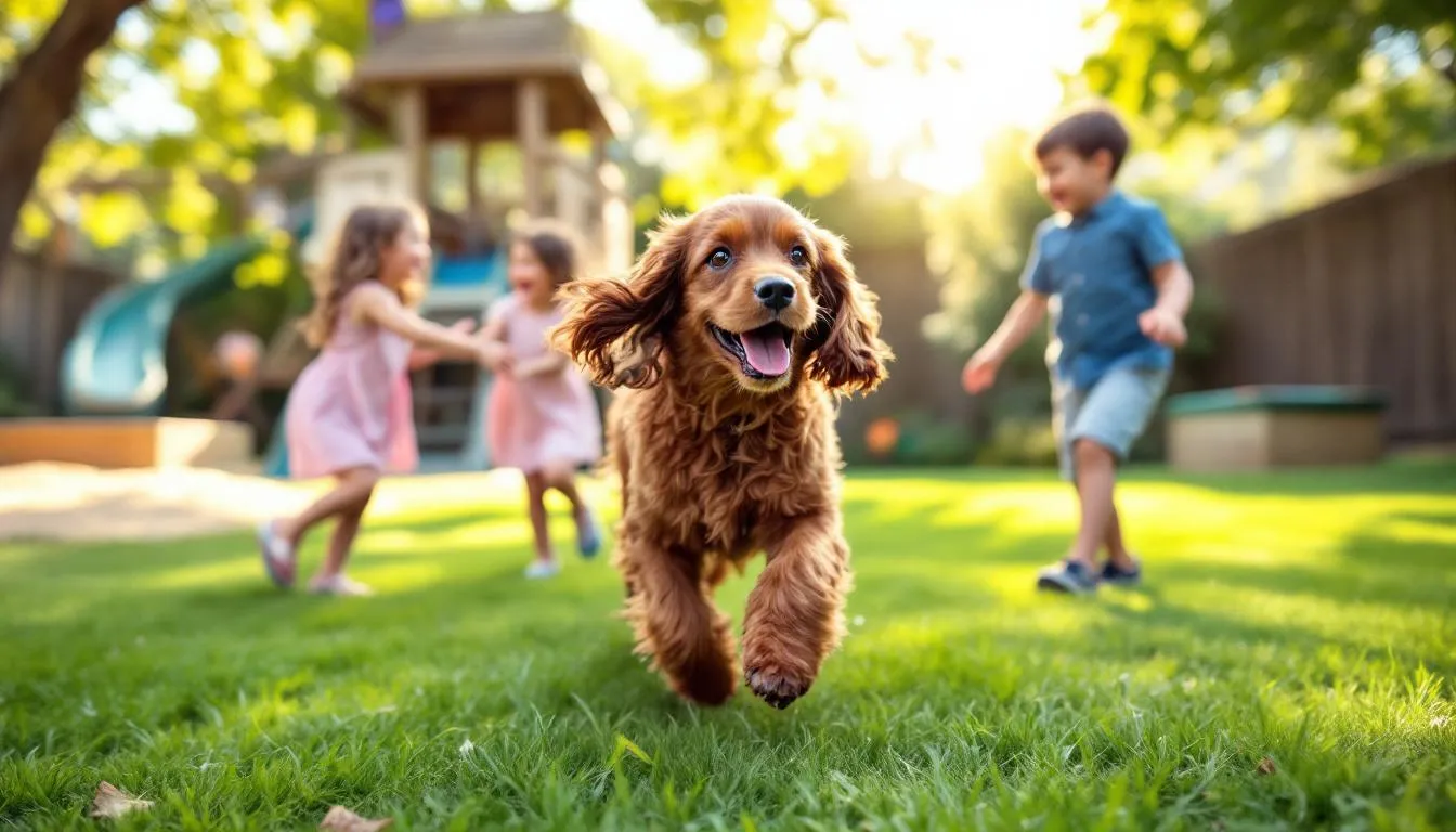 Na podwórku bawią się dzieci z angielskim cocker spaniel, który ma długą, jedwabistą sierść i radosny wyraz twarzy. Pies skacze i biega wokół dzieci, tworząc wesołą atmosferę pełną radości i zabawy.