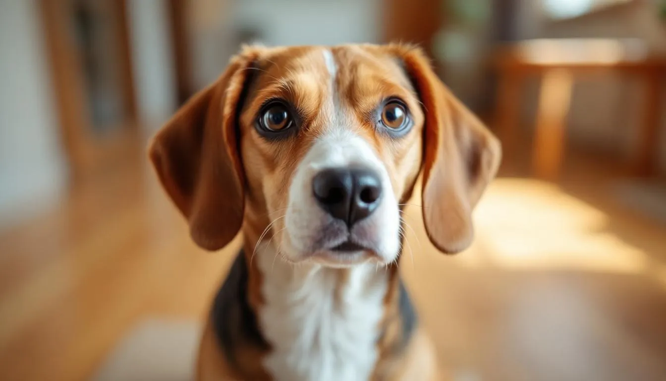 Portret psa rasy beagle z łagodnym wyrazem twarzy, charakteryzującego się przyjaznym usposobieniem oraz długimi, opadającymi uszami. Beagle to średniej wielkości pies, znany z silnego instynktu łowieckiego i wesołego charakteru, idealny jako pies rodzinny.
