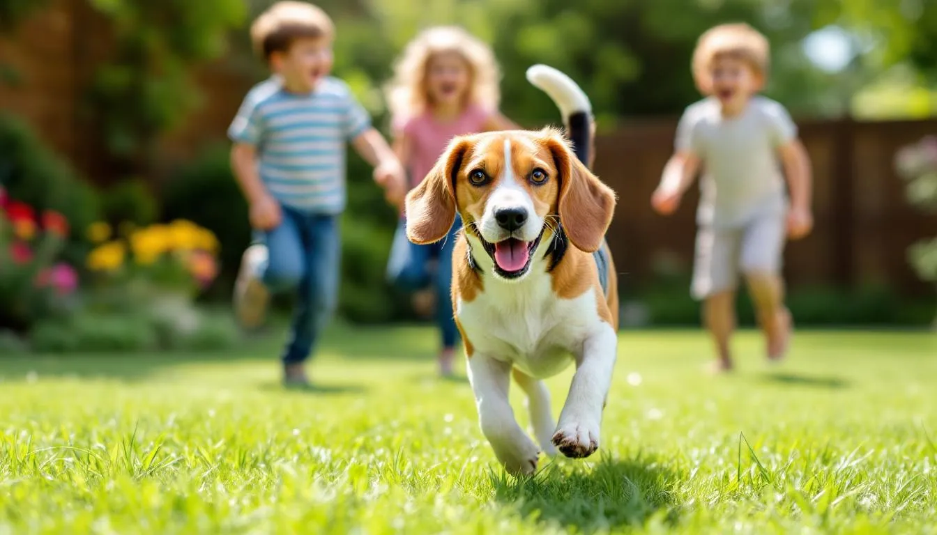 Na obrazku widać psa rasy beagle bawiącego się z dziećmi w ogrodzie. Beagle, znane z wesołego usposobienia i przyjaznego charakteru, cieszy się wspólną zabawą na świeżym powietrzu.