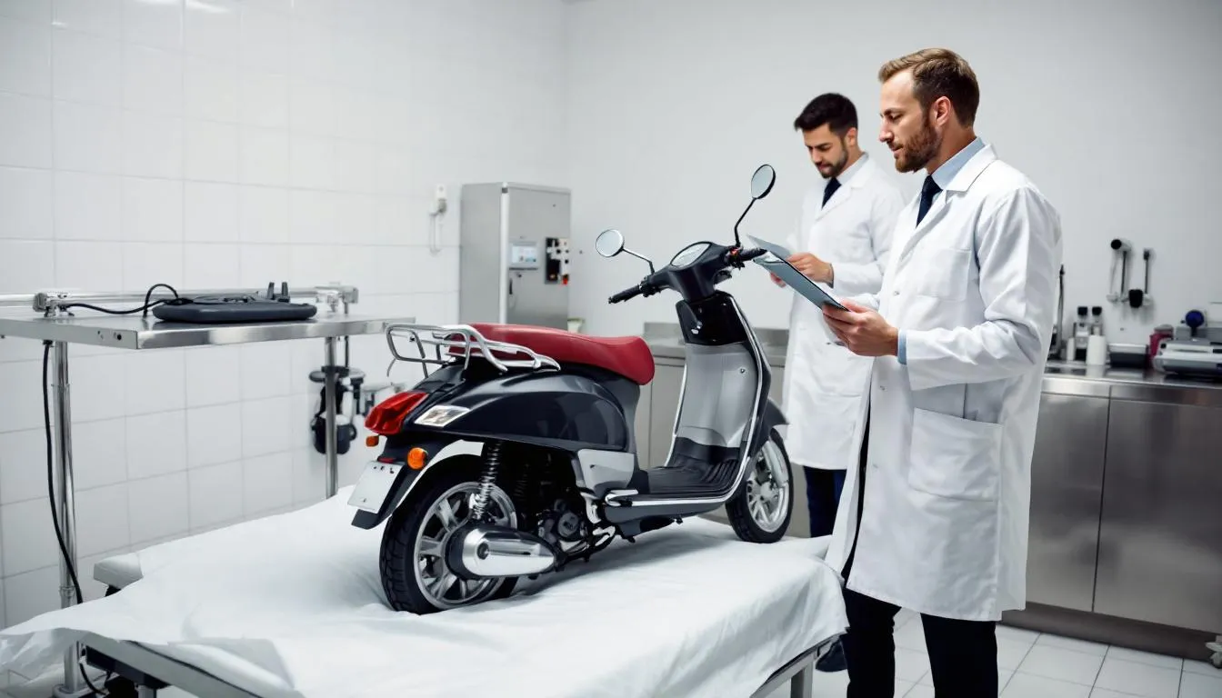 Na zdjęciu znajduje się mops podczas badania weterynaryjnego, leżący na stole w gabinecie weterynaryjnym. Pies rasy mops, znany z krótkiego pyska i fałd skórnych, jest pod opieką lekarza weterynarii, który sprawdza jego zdrowie.