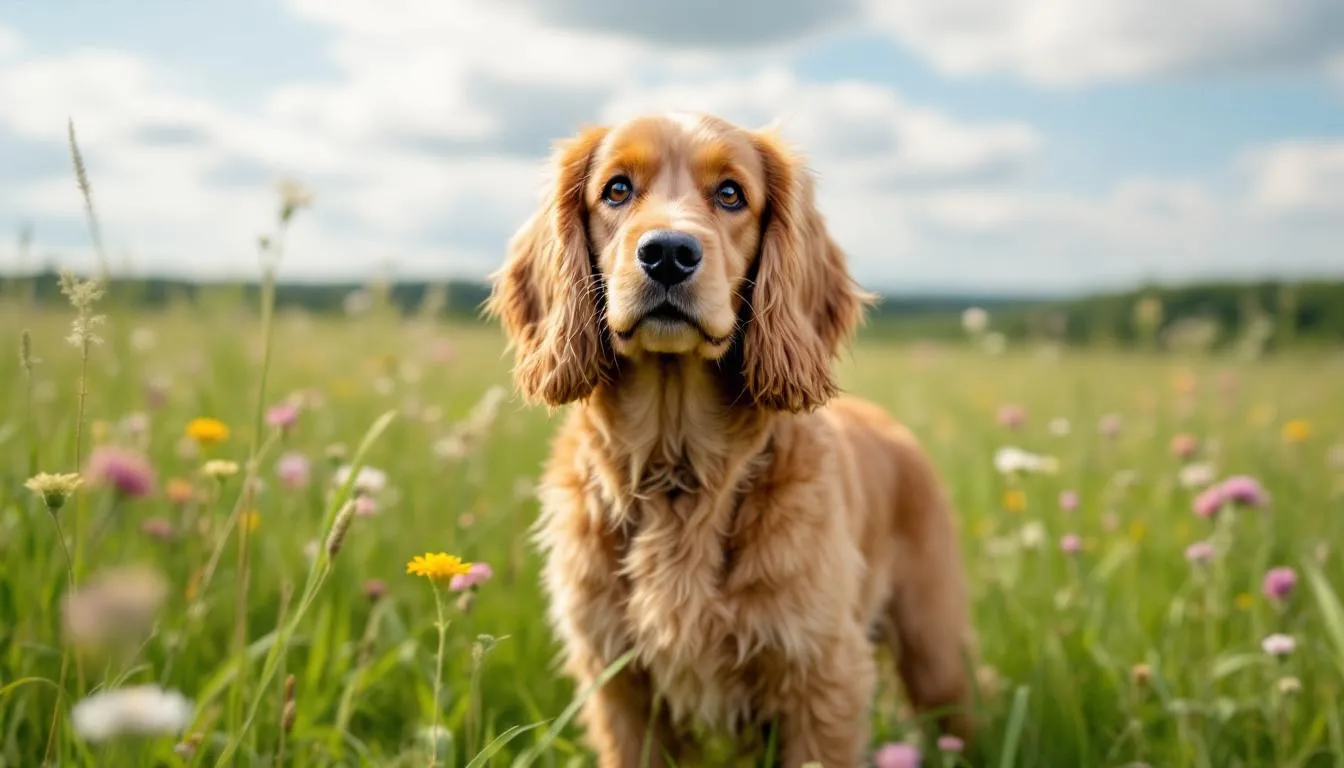 Na łące stoi angielski cocker spaniel, średniej wielkości pies o długiej, jedwabistej sierści, z wiszącymi uszami i radosnym wyrazem pyska, gotowy do zabawy na świeżym powietrzu. W tle widać zieloną trawę i delikatne kwiaty, które dodają uroku tej naturalnej scenerii.