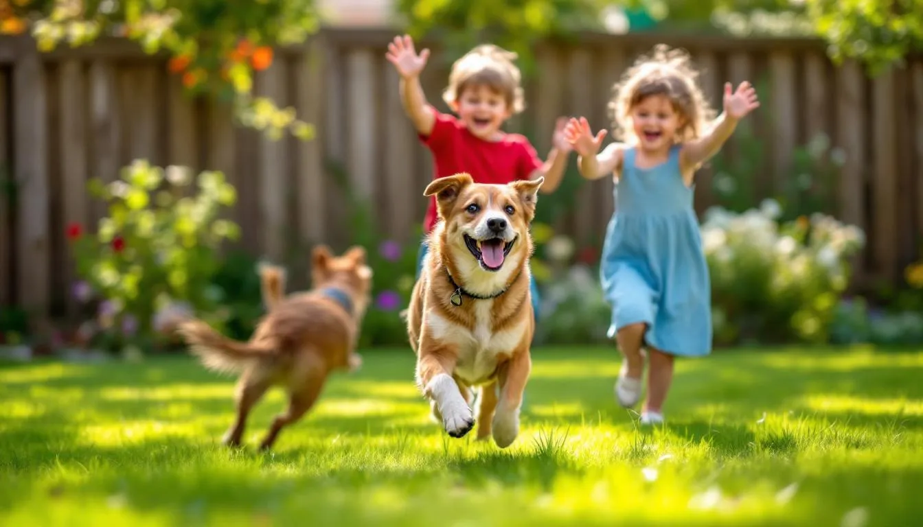 Na obrazku widać mopsika bawiącego się z dziećmi w ogrodzie, gdzie jego wyjątkowo urokliwy wizerunek przyciąga uwagę. Mopsy, jako psy ozdobne, charakteryzują się krótkim pyskiem i fałdami skórnymi, co czyni je doskonałymi towarzyszami dla całej rodziny.