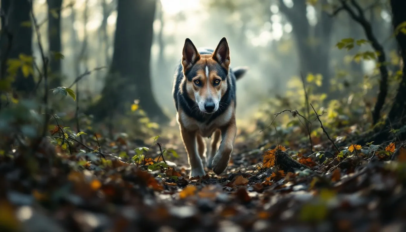 Na zdjęciu widoczny jest gończy polski, pies myśliwski o jedwabistej sierści, pracujący w lesie. Jego średniej wielkości ciało i umięśniony grzbiet wskazują na doskonałe walory użytkowe, a instynkt łowiecki sprawia, że jest to pies prawdziwie odważny.