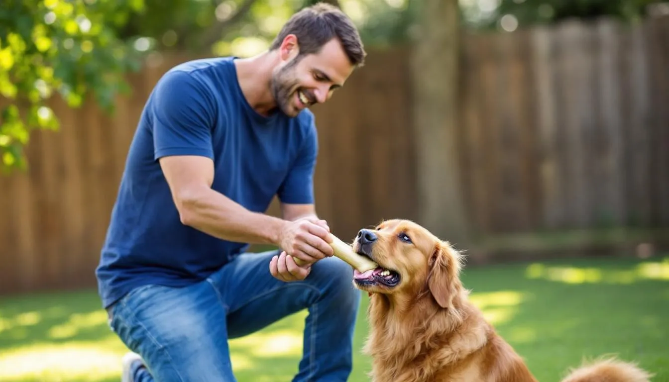 Właściciel psa obserwuje swojego pupila, który z zapałem gryzie naturalną kość, co zaspokaja jego naturalny odruch gryzienia. Kość ta nie tylko dostarcza psu zdrowej przekąski, ale również wspiera higienę jamy ustnej i zdrowie zębów.