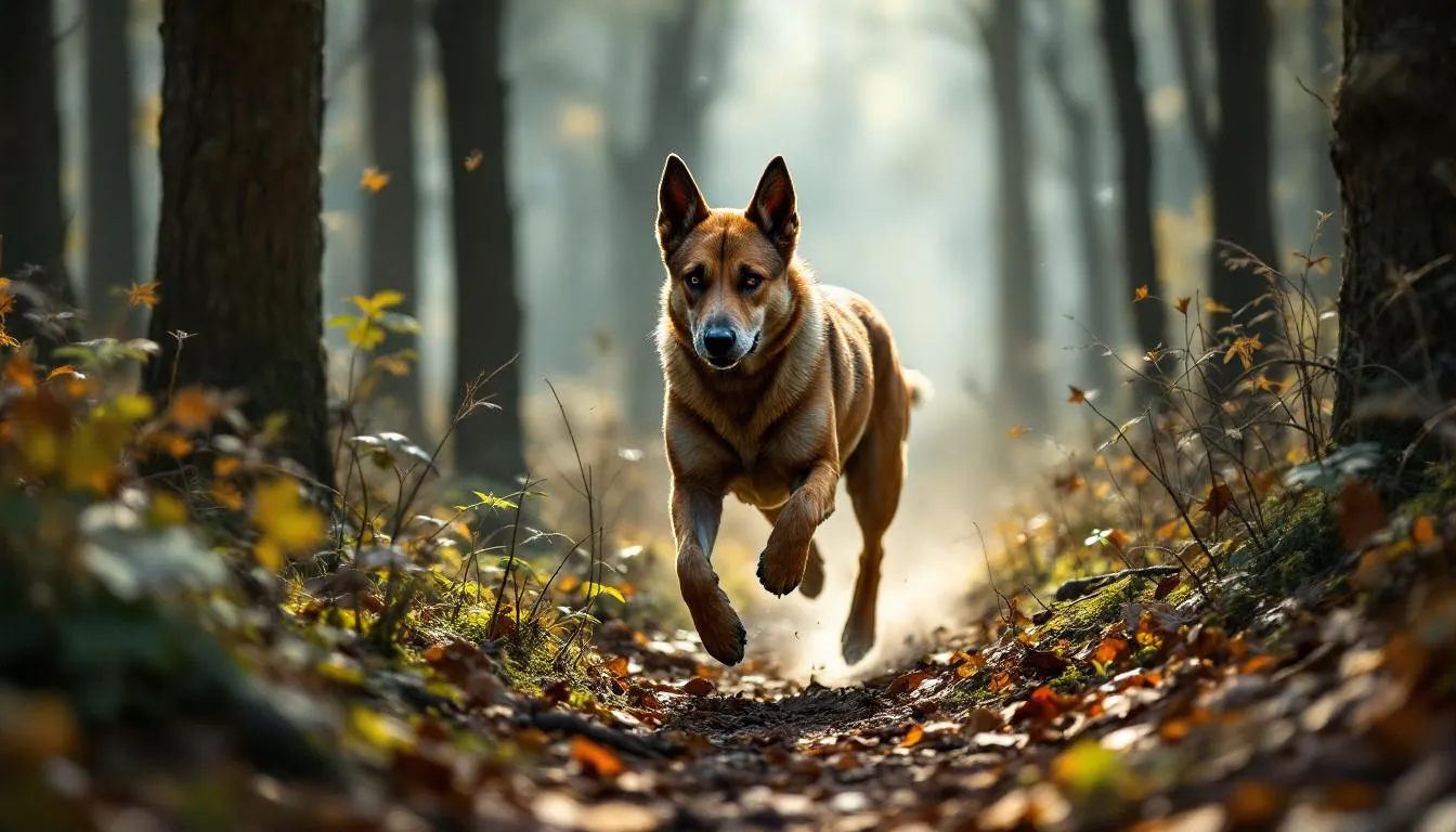 Na zdjęciu widoczny jest gończy polski w naturalnym środowisku leśnym, podczas polowania. Pies myśliwski o jedwabistej sierści i średniej wielkości, z wyraźnie skośnymi oczami, intensywnie węszy wśród drzew, wykorzystując swój instynkt łowiecki.