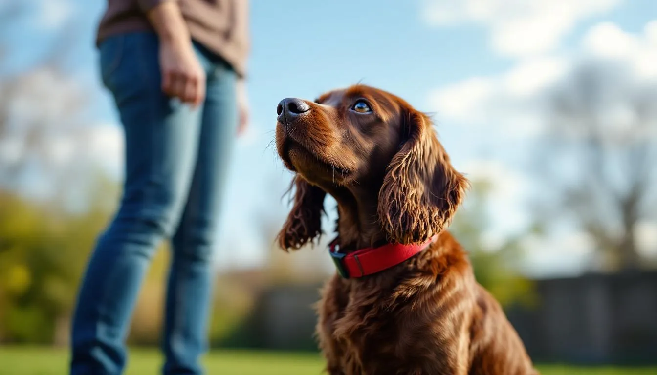Na świeżym powietrzu, cocker spaniel angielski wykonuje ćwiczenia podczas treningu posłuszeństwa, prezentując swoją długą, jedwabistą sierść oraz radosny wygląd. Pies z wiszącymi uszami skupia się na komendach, co podkreśla jego inteligencję i chęć do nauki.