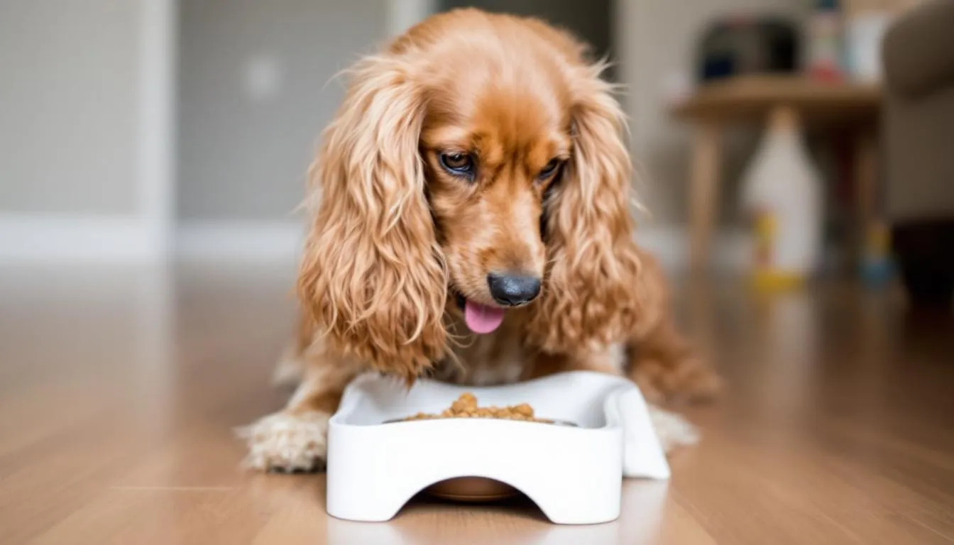 Na obrazku widoczny jest cocker spaniel angielski, który z zapałem je z miski dostosowanej do jego długich uszu, co ułatwia mu dostęp do jedzenia. Pies ma jedwabistą sierść w odcieniach brązu i bieli, a jego radosny wygląd świadczy o zadowoleniu z posiłku.