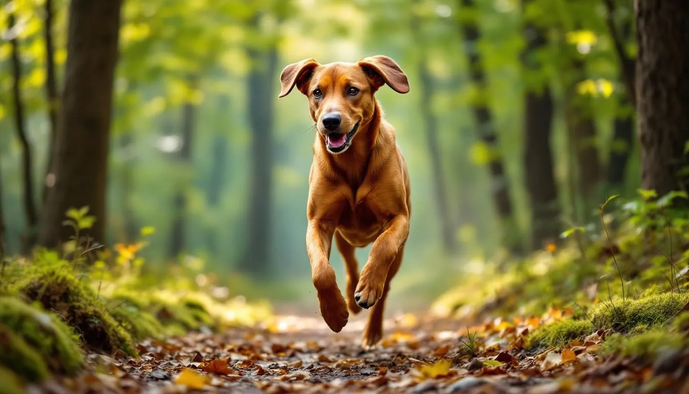 Na zdjęciu widać zdrowego gończego polskiego, który aktywnie biega na świeżym powietrzu. Pies rasy gończy polski, o jedwabistej sierści i umięśnionym ciele, cieszy się radosnym czasem na zewnątrz, co podkreśla jego doskonałe walory użytkowe jako psa myśliwskiego.