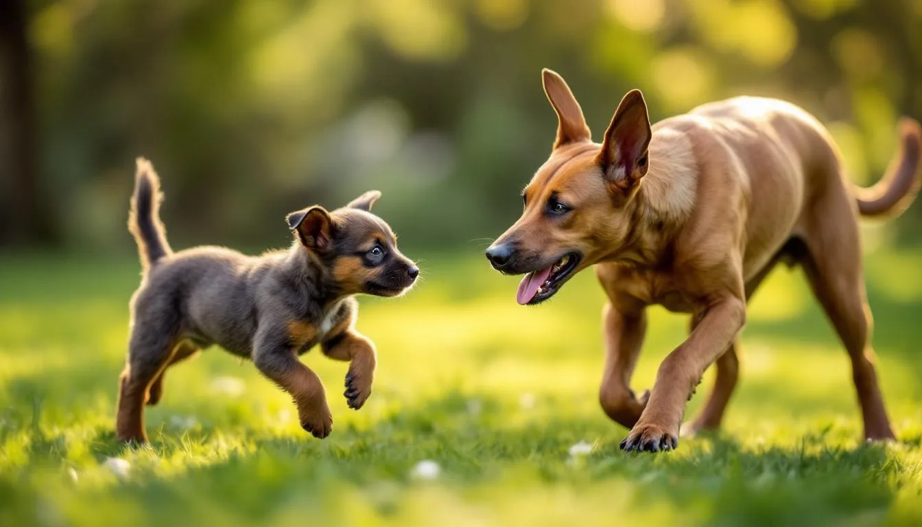 Na obrazku widać szczenięta gończego polskiego bawiące się z matką. Psy rasy gończy polski mają krótką sierść i są średniej wielkości, a ich zabawa odzwierciedla radosny charakter tych psów myśliwskich.