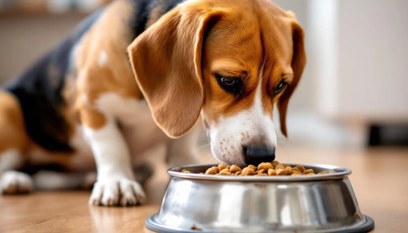 Na zdjęciu widoczny jest pies rasy beagle, który z radością je z metalowej miski. Beagle to średniej wielkości pies gończy, znany ze swojego silnego instynktu łowieckiego i przyjaznego charakteru.