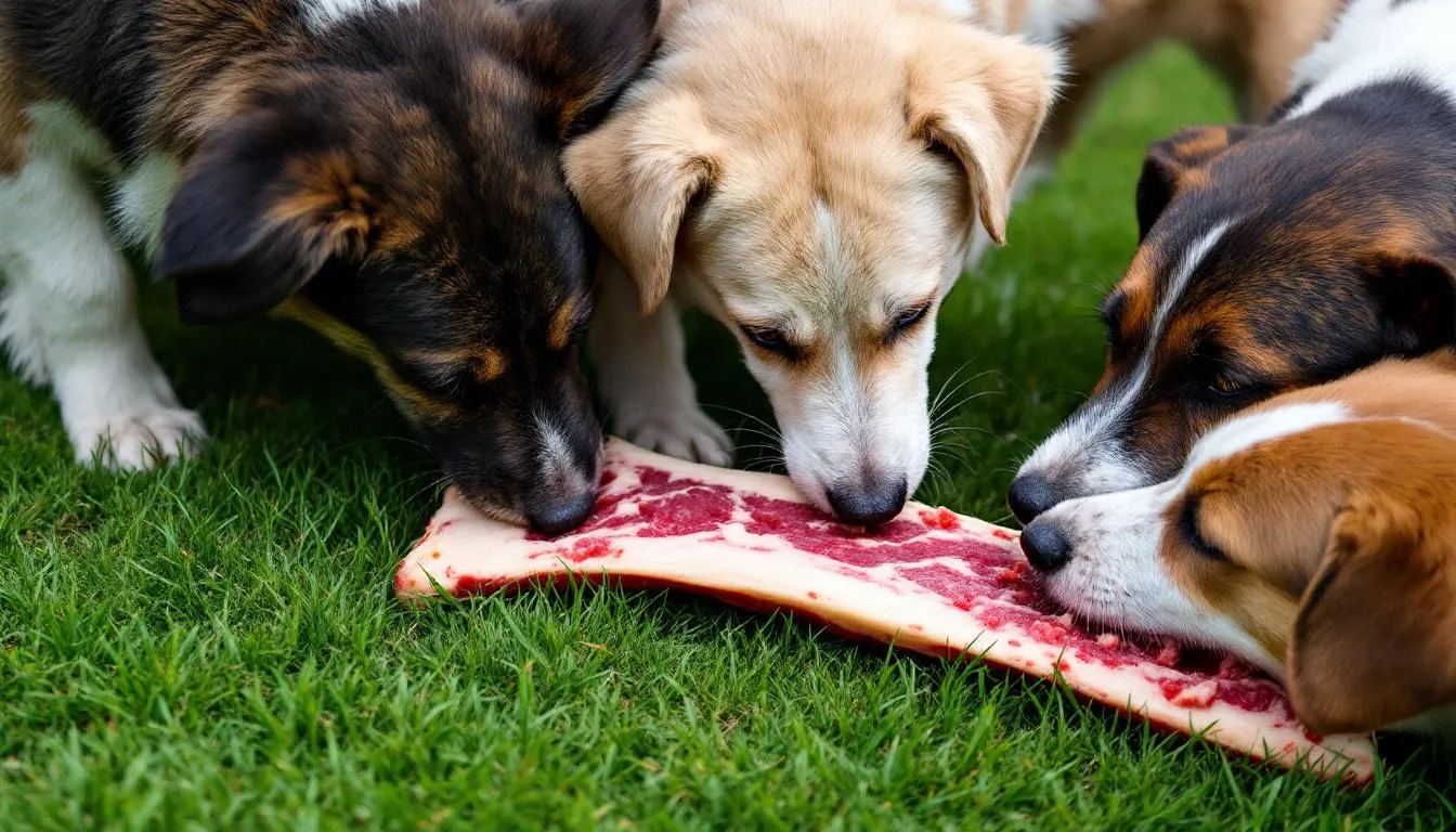 Na zdjęciu widać psa różnych ras, który z zapałem gryzie naturalną kość wołową na zielonej trawie. Kość ta jest doskonałym źródłem wartości odżywczych i wspiera zdrowie stawów oraz higienę jamy ustnej twojego pupila.