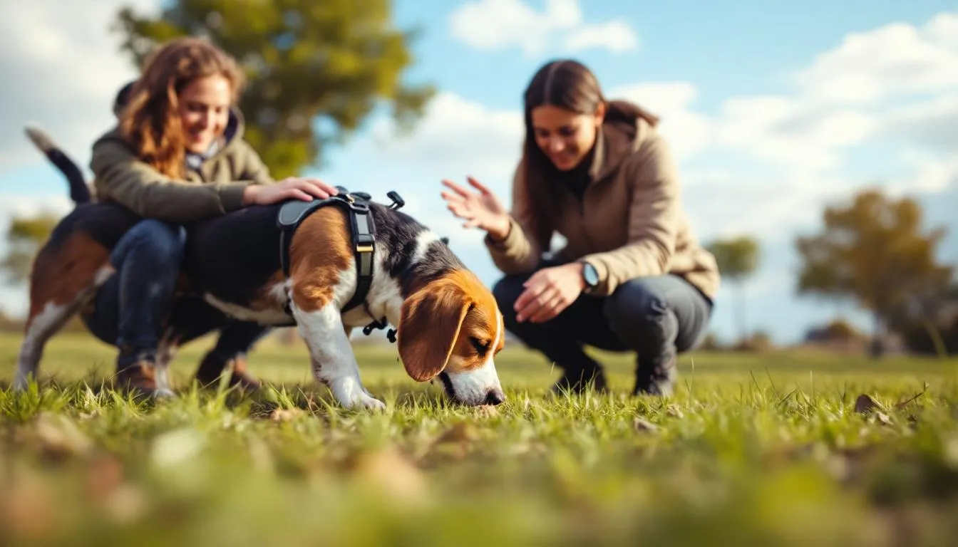 Na zdjęciu widoczny jest pies rasy beagle, który podczas treningu nosework na świeżym powietrzu intensywnie węszy, wykorzystując swój silny instynkt łowiecki. Beagle, znane z wesołego usposobienia i przyjaznego charakteru, z zaangażowaniem poszukuje ukrytych zapachów w otoczeniu.