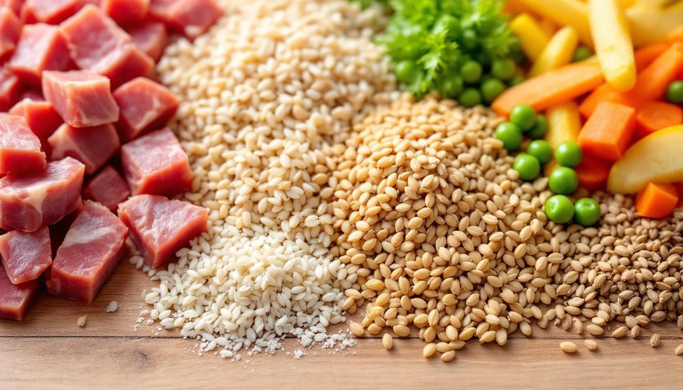 Na obrazku przedstawione są składniki karmy dla psa, w tym mięso, warzywa i zboża. Te wysokiej jakości składniki odżywcze są niezbędne dla prawidłowego funkcjonowania organizmu psa oraz jego zdrowia i dobrej kondycji.