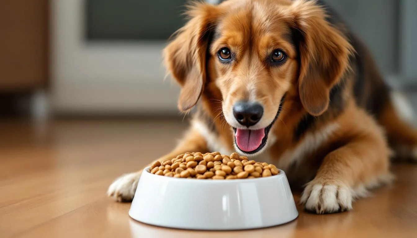 Na obrazku widoczny jest zadowolony pies jedzący z miski, w której znajduje się zarówno sucha, jak i mokra karma. Jego lśniąca sierść i zdrowy wygląd świadczą o tym, że karma dostarcza mu niezbędnych składników odżywczych, co jest kluczowe dla prawidłowego funkcjonowania organizmu psa.