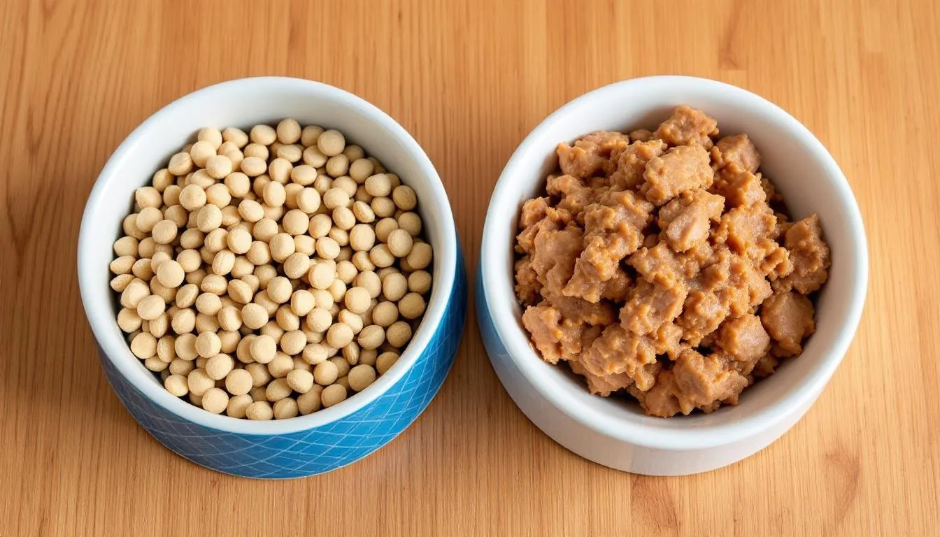 Na obrazku widać porównanie suchej i mokrej karmy dla psa, które znajdują się w miseczkach. Sucha karma ma chrupiącą strukturę, podczas gdy mokra karma jest miękka i soczysta, co może odpowiadać różnym potrzebom żywieniowym psów dorosłych.