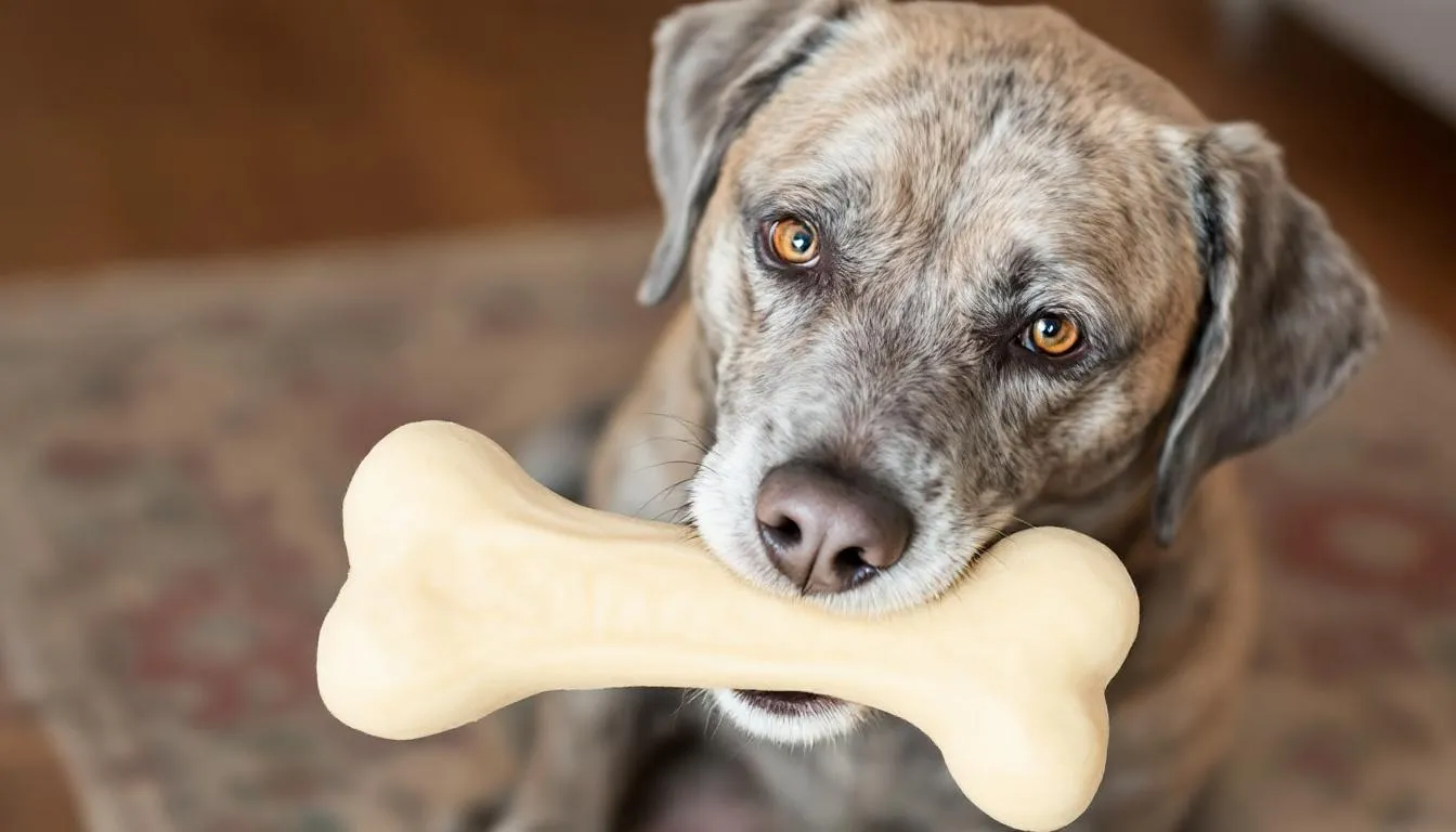 Starszy pies delikatnie gryzie miękką kość przeznaczoną dla seniorów, która wspiera zdrowie stawów i zapewnia higienę jamy ustnej. Naturalny gryzak zaspokaja odruch gryzienia, dostarczając psu wartości odżywcze i doskonały smak.