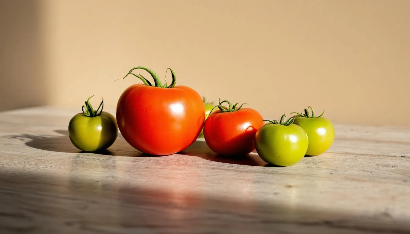 Na zdjęciu znajdują się czerwone i zielone pomidory leżące obok siebie, reprezentujące różne etapy dojrzałości. Czerwone pomidory są dojrzałe i gotowe do spożycia, podczas gdy zielone pomidory mogą być niedojrzałe i niezalecane w diecie psa.