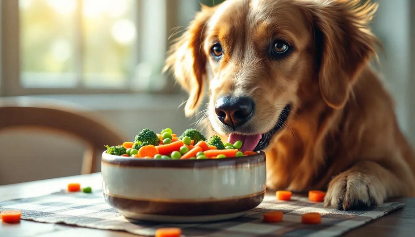 Na obrazku widać szczęśliwego psa, który z apetytem je zdrowe warzywa z miski. Pies może jeść pieczarki w umiarkowanych ilościach, jednak warto pamiętać o diecie swojego pupila i skonsultować się z weterynarzem w kwestii spożycia grzybów.
