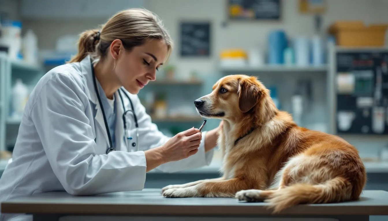 Na zdjęciu widzimy weterynarza badającego ciężarną sukę w gabinecie weterynaryjnym. Lekarz sprawdza jej brzuch oraz objawy ciąży, aby potwierdzić ciążę i ocenić zdrowie suki w czasie ciąży.