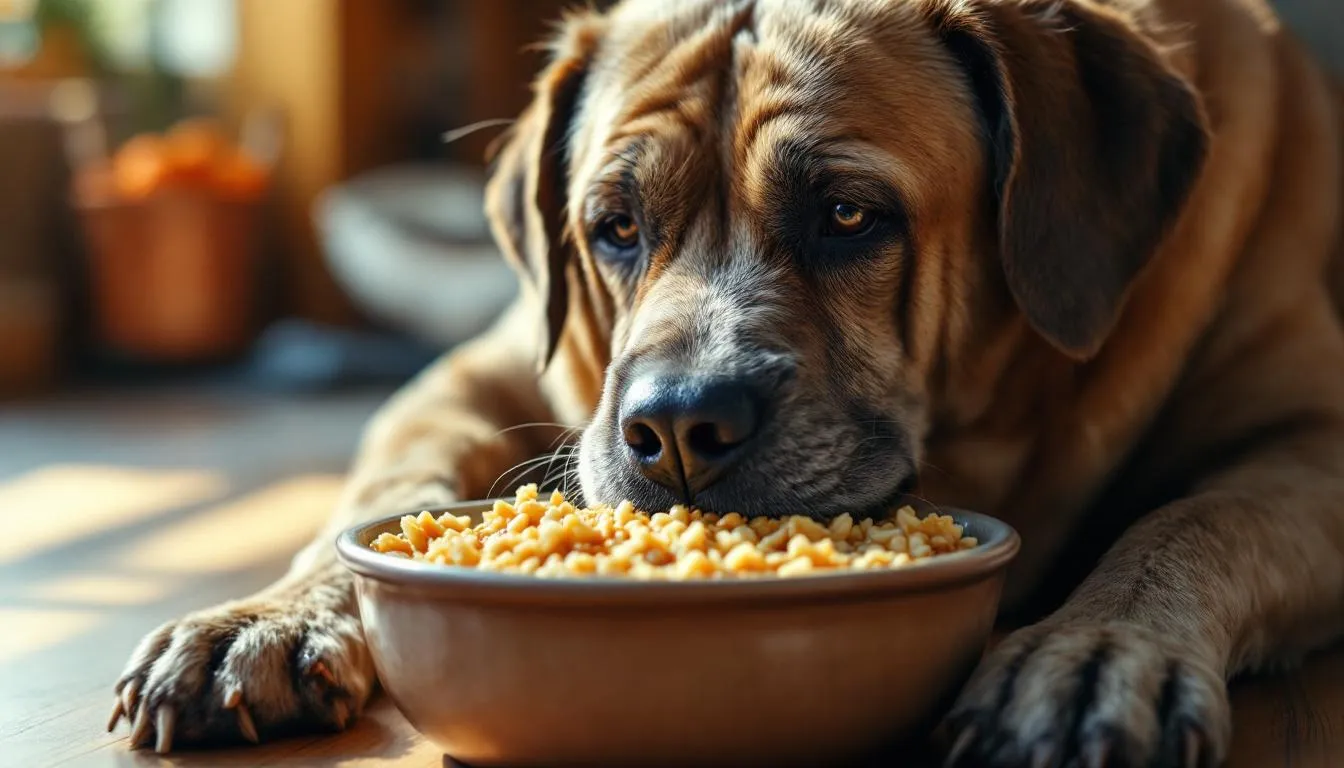 Starszy pies spożywa miękką dietę, w której głównym składnikiem jest ryż, co jest zdrowym dodatkiem do psiej diety. Warto zauważyć, że ryż, zwłaszcza biały lub brązowy, może być korzystny dla psów z wrażliwym układem pokarmowym.