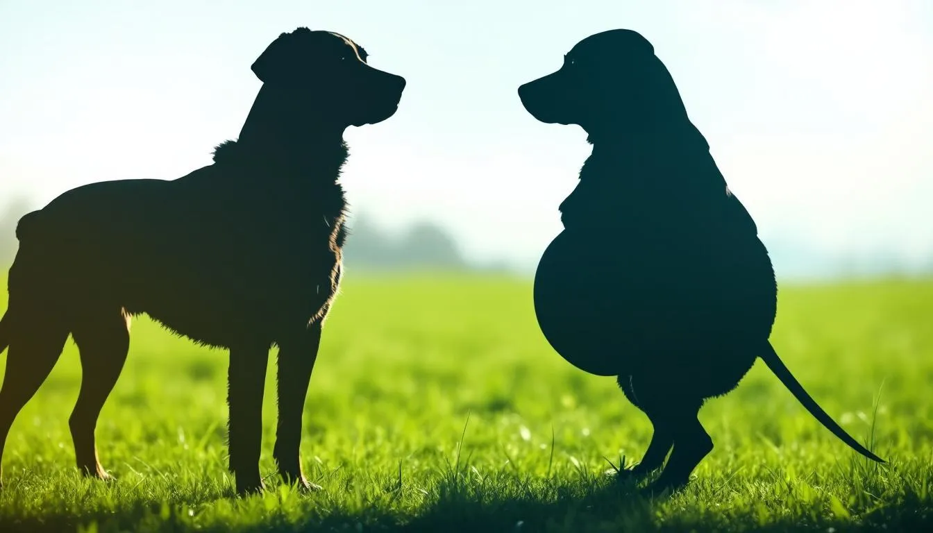 Na obrazku porównano sylwetki zdrowego psa, takiego jak labrador retriever, i psa z nadwagą, który ma widoczną tkankę tłuszczową oraz większy brzuch. Wizualizacja ilustruje problem otyłości u psów, podkreślając potrzebę odpowiedniej diety i aktywności fizycznej w procesie odchudzania psa.