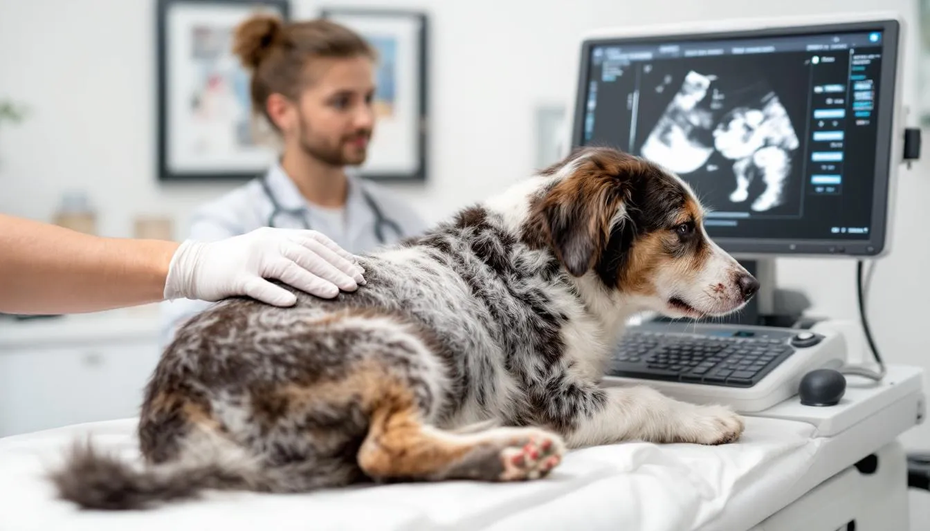 Na obrazku widoczny jest weterynarz przeprowadzający badanie USG u ciężarnej suki. Lekarz bada powiększony brzuch suki, co pozwala potwierdzić ciążę i ocenić zdrowie jej szczeniąt.