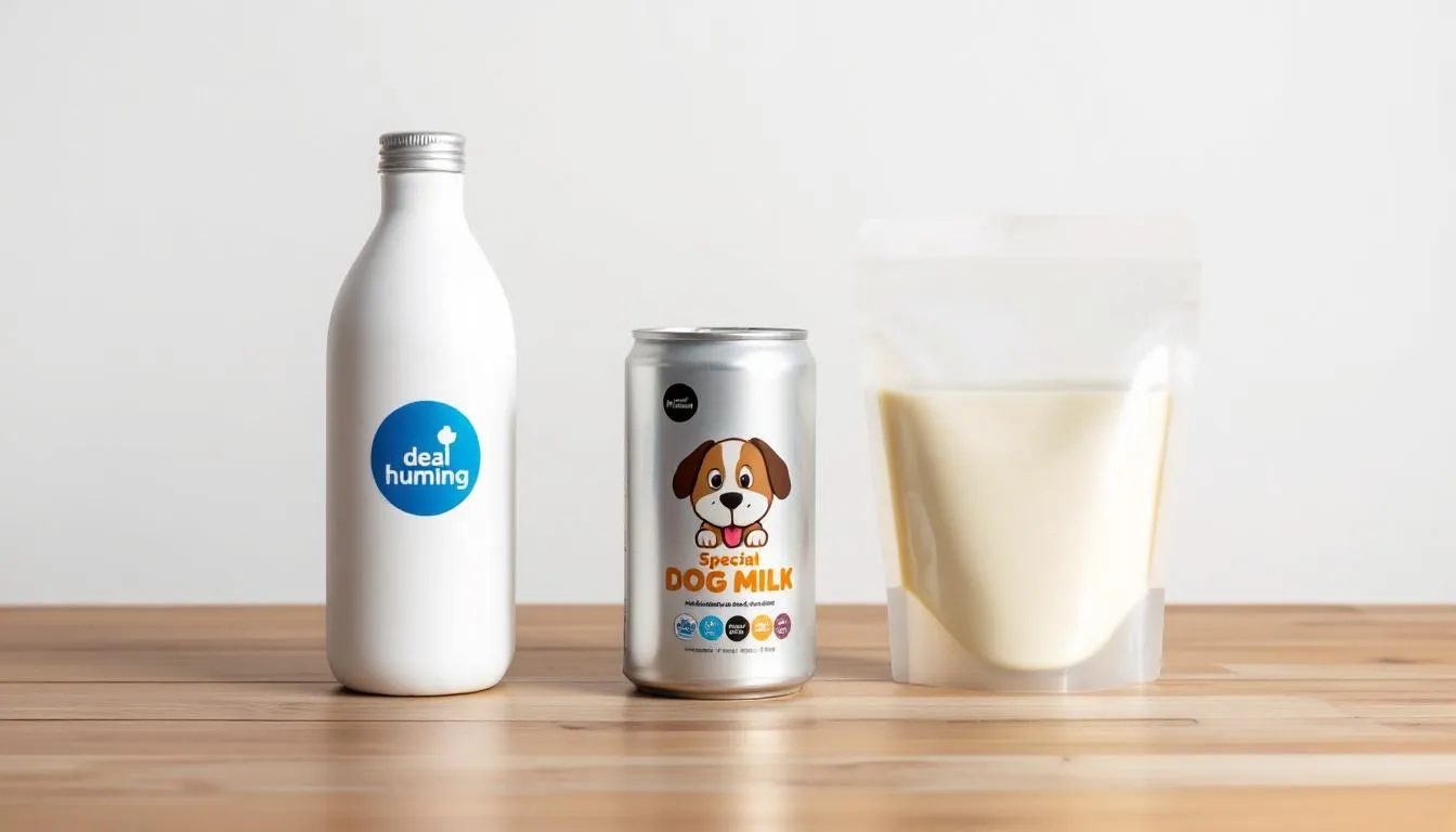 Na zdjęciu widoczne są różne opakowania specjalnego mleka dla psów, ustawione obok siebie. Produkty te są przeznaczone dla dorosłych psów oraz szczeniąt, oferując im niezbędne składniki odżywcze i zdrowe przekąski.