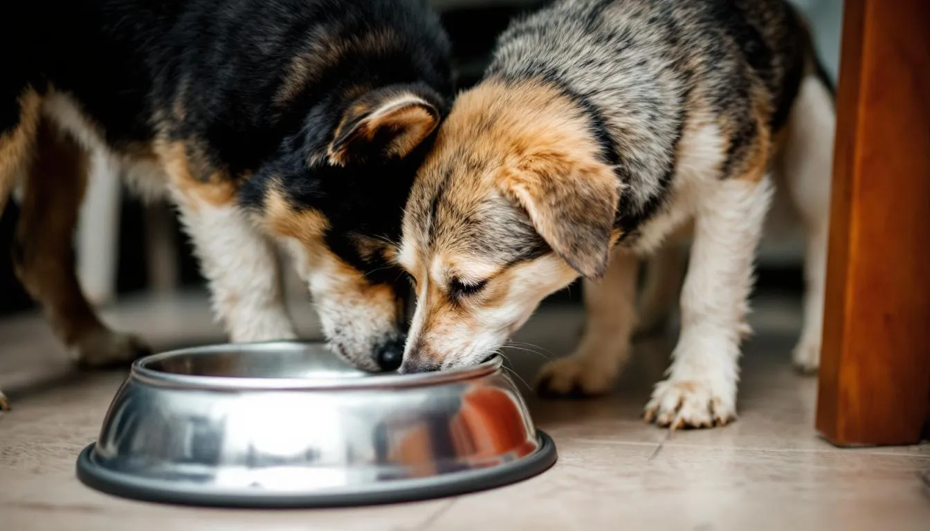 Na obrazku widzimy dorosłego psa, który pije świeżą wodę z metalowej miski. Pies może pić, a woda jest odpowiednim napojem, szczególnie w porównaniu do mleka, które nie zawsze jest zalecane dla dorosłych psów.