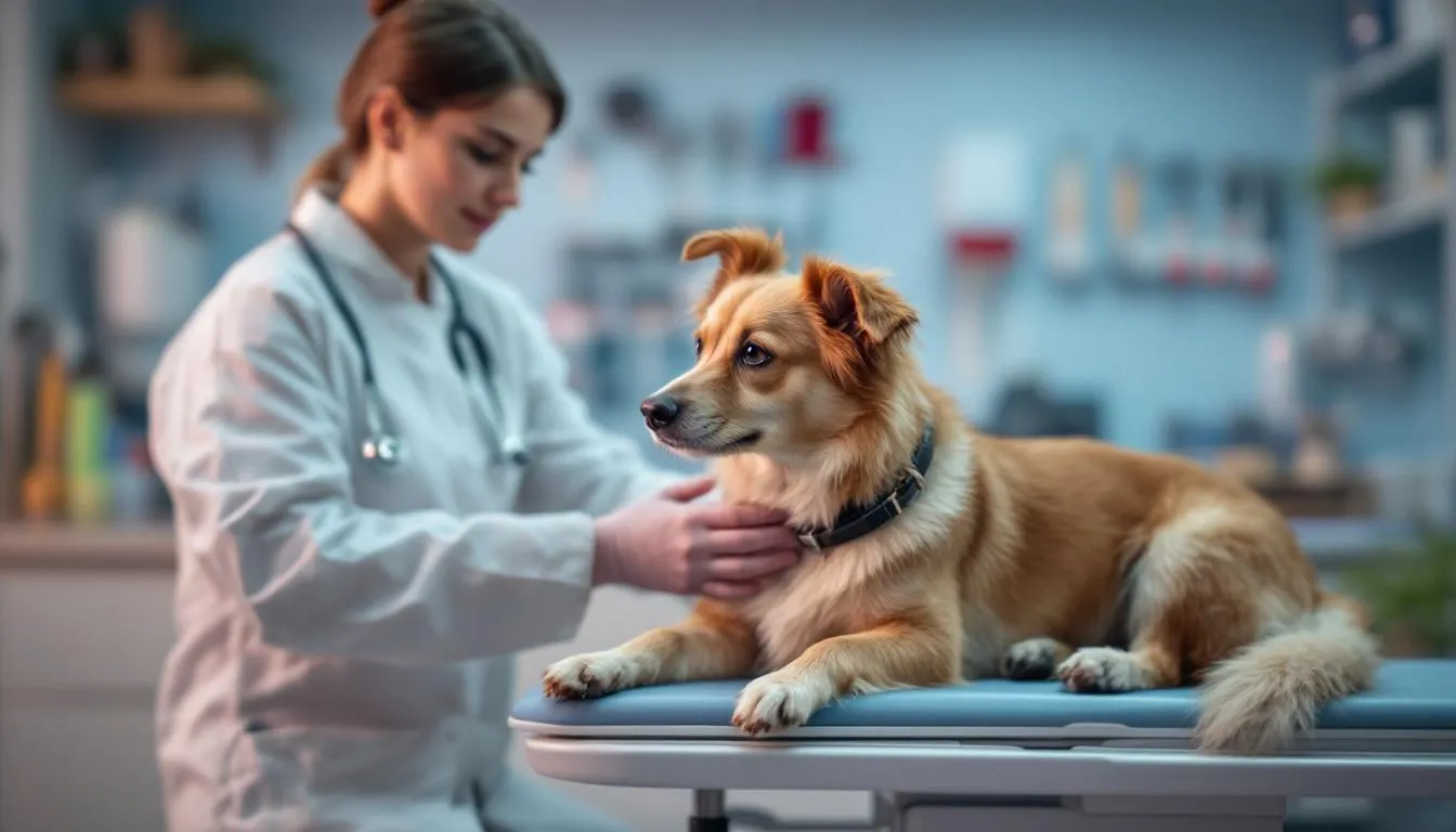 Weterynarz bada małego psa w klinice weterynaryjnej, zwracając uwagę na jego zdrowie i ewentualne problemy zdrowotne. Specjalista ocenia stan pupila, aby upewnić się, że jego dieta, w tym spożycie grzybów, jest odpowiednia i bezpieczna dla czworonoga.