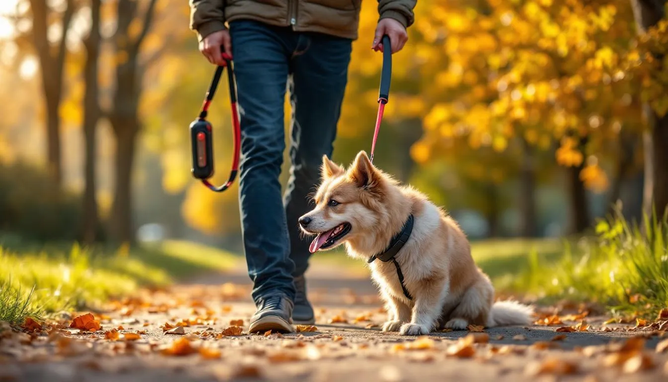 Właściciel trzyma automatyczną smycz FLEXI podczas spaceru z psem w parku, zapewniając mu swobodę ruchu i pełną kontrolę. Ta smycz dla psa jest idealnym rozwiązaniem dla codziennych spacerów z czworonogim przyjacielem.