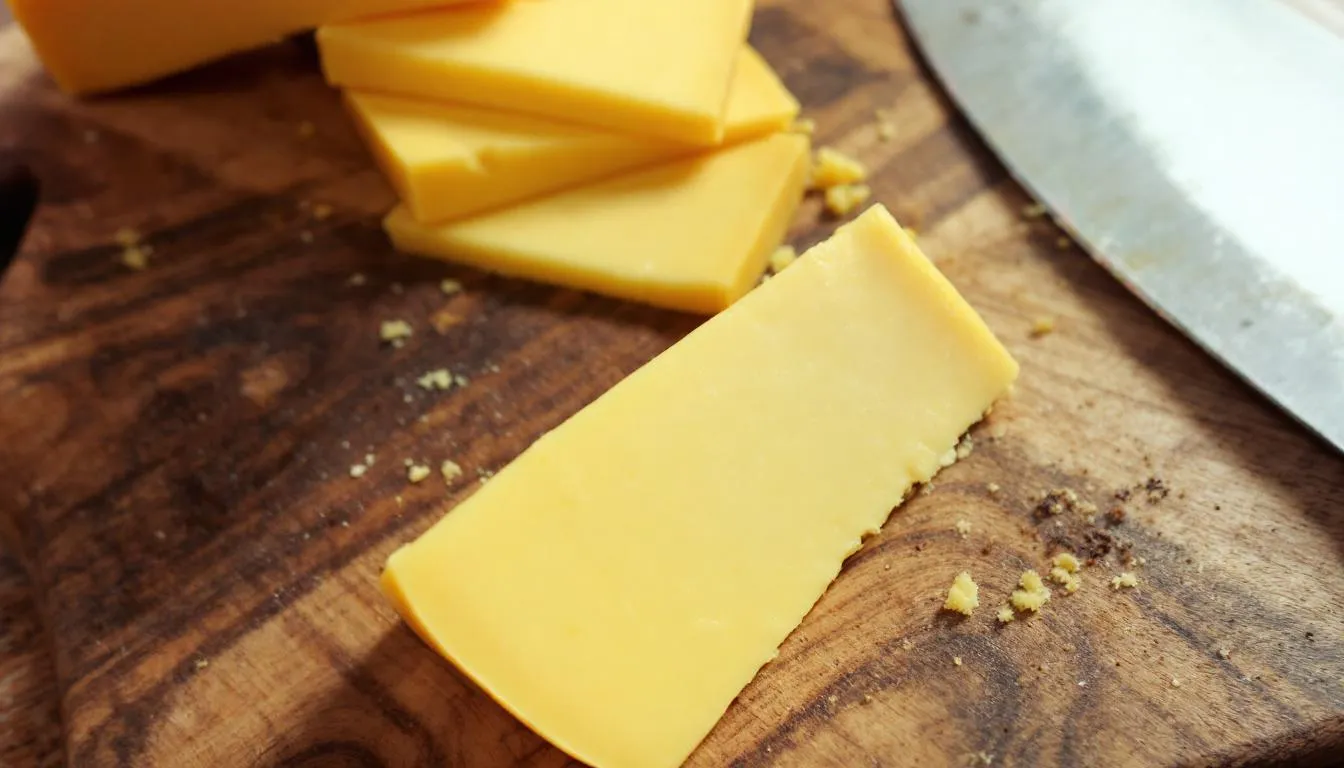 Na desce do krojenia leży kawałek żółtego sera, który może być smacznym dodatkiem do diety psa, jednak warto pamiętać, że niektóre psy mogą mieć nietolerancję laktozy. Ser żółty jest często podawany jako zdrowa przekąska dla dorosłych psów.