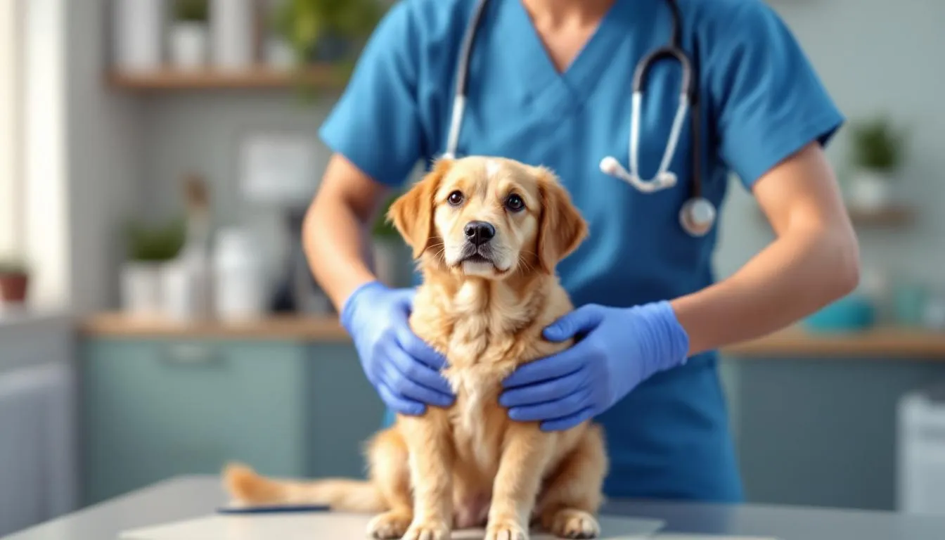 Na zdjęciu widzimy psa leżącego na stole weterynaryjnym podczas badania. Weterynarz delikatnie bada zwierzę, a w tle widać różne narzędzia oraz sprzęt medyczny, co podkreśla atmosferę profesjonalnej opieki nad zdrowiem czworonoga.