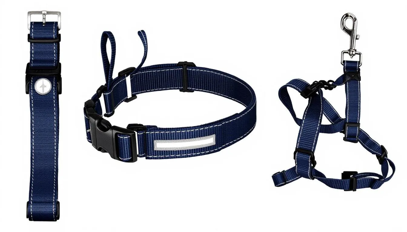 Na zdjęciu znajduje się kompletny zestaw akcesoriów dla psa, składający się z smyczy, obroży i szelek w jednolitej kolorystyce. Te praktyczne akcesoria zapewniają komfort i pełną kontrolę podczas codziennych spacerów z twoim pupilem, niezależnie od jego rasy.