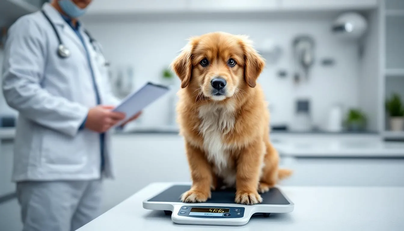 Na zdjęciu widoczny jest labrador retriever stojący na wadze u weterynarza podczas kontroli wagi, co sugeruje, że pies ma nadwagę. Weterynarz monitoruje masę ciała zwierzęcia, co jest istotne w procesie odchudzania psa, aby zapewnić mu zdrowie i optymalną masę.