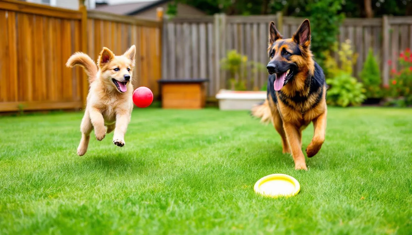 Na obrazie widać młodego psa, który bawi się z dorosłym psem, obydwa przedstawiciele różnych ras psów. Młody pies, będący szczeniakiem, wykazuje energiczne zachowanie, podczas gdy dorosły pies, osiągnął dojrzałość, bawi się spokojniej, co ilustruje różnice w zachowaniu psów w różnych etapach ich życia.