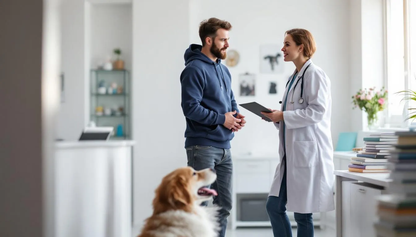 Na obrazie widoczny jest właściciel psa rozmawiający z weterynarzem, który udziela mu informacji na temat diety psa, w tym o tym, czy pies może jeść pomidory. W tle znajdują się elementy gabinetu weterynaryjnego, co sugeruje, że rozmowa dotyczy zdrowia pupila.