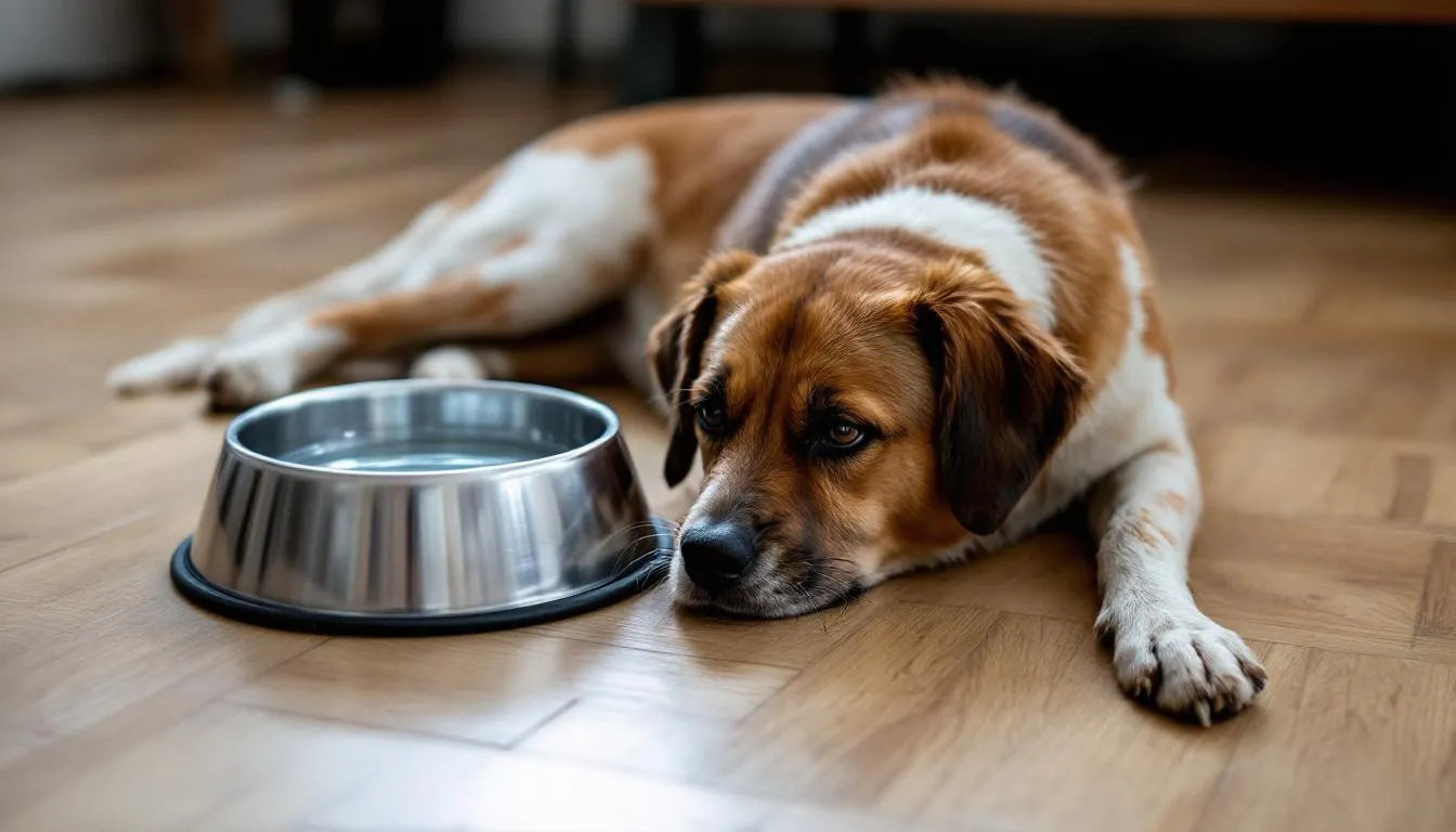 Na podłodze leży dorosły pies, obok którego znajduje się miska z wodą. Pies może pić, a w kontekście diety psa warto pamiętać o niewielkich ilościach mleka jako smacznym dodatku.
