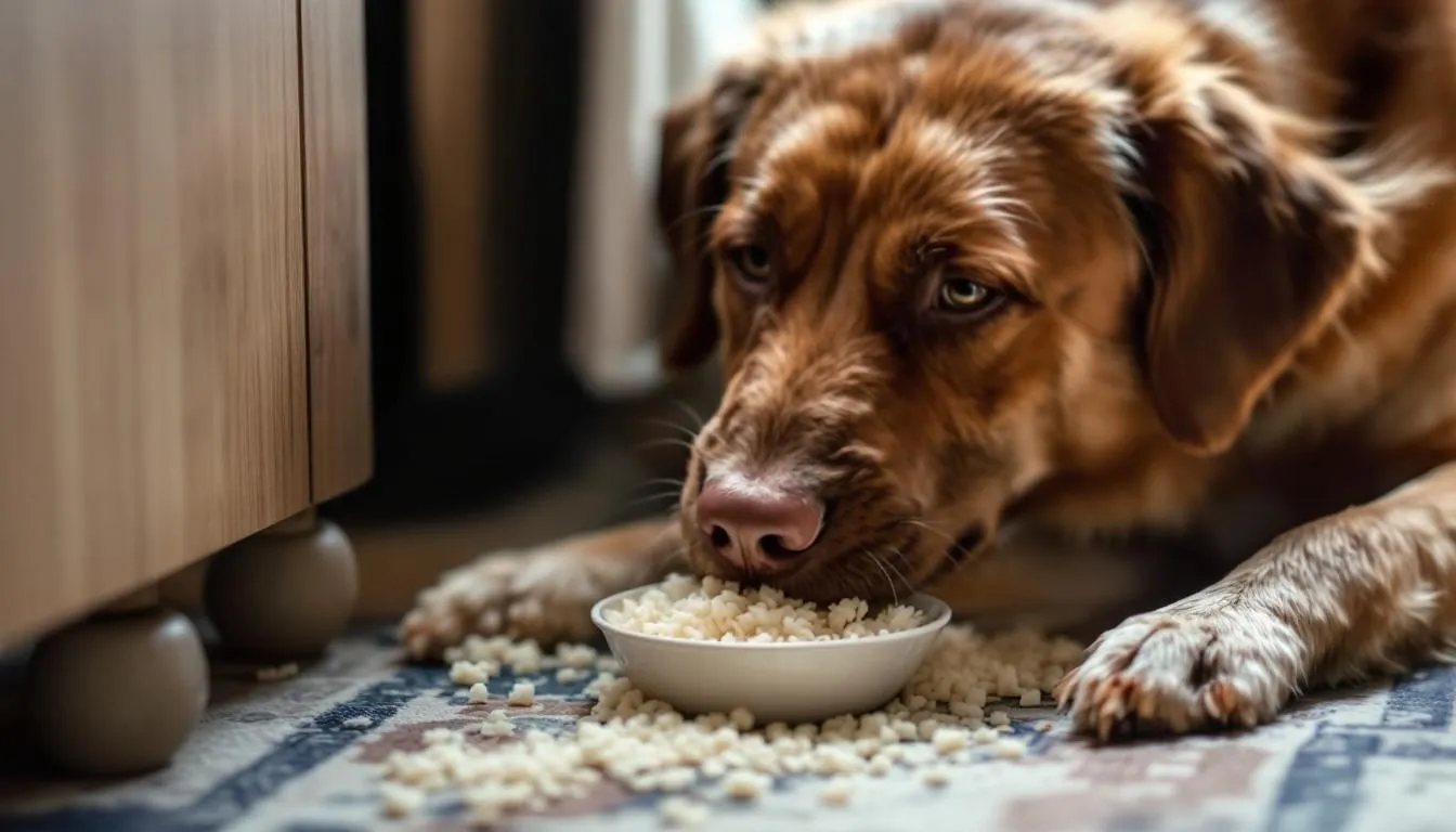 Na obrazku widać psa, który z apetytem je ugotowany ryż z miski stojącej na podłodze. Ryż, będący zdrowym składnikiem diety psa, może być podawany jako lekki dodatek, szczególnie dla psów z wrażliwym układem pokarmowym.