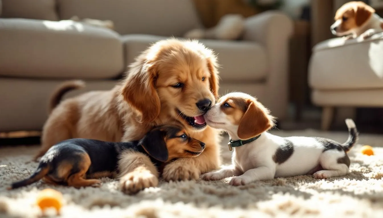 Na obrazku widać szczenięta różnych ras, bawiące się ze swoim rodzeństwem w radosnej atmosferze. Szczeniaki są w różnych etapach socjalizacji, co jest kluczowe dla ich zdrowego rozwoju i późniejszego życia jako dorosłe psy.