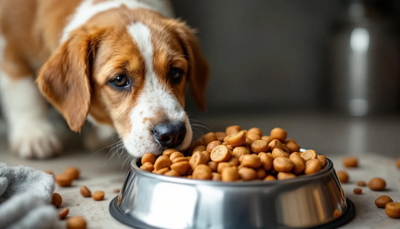 Na zdjęciu znajduje się miska z mieszanką starej i nowej karmy dla psa, co może być istotne podczas zmiany diety psa. Taka mieszanka jest ważna dla zdrowego rozwoju dorosłego psa, szczególnie w okresie przejścia na nową dietę.