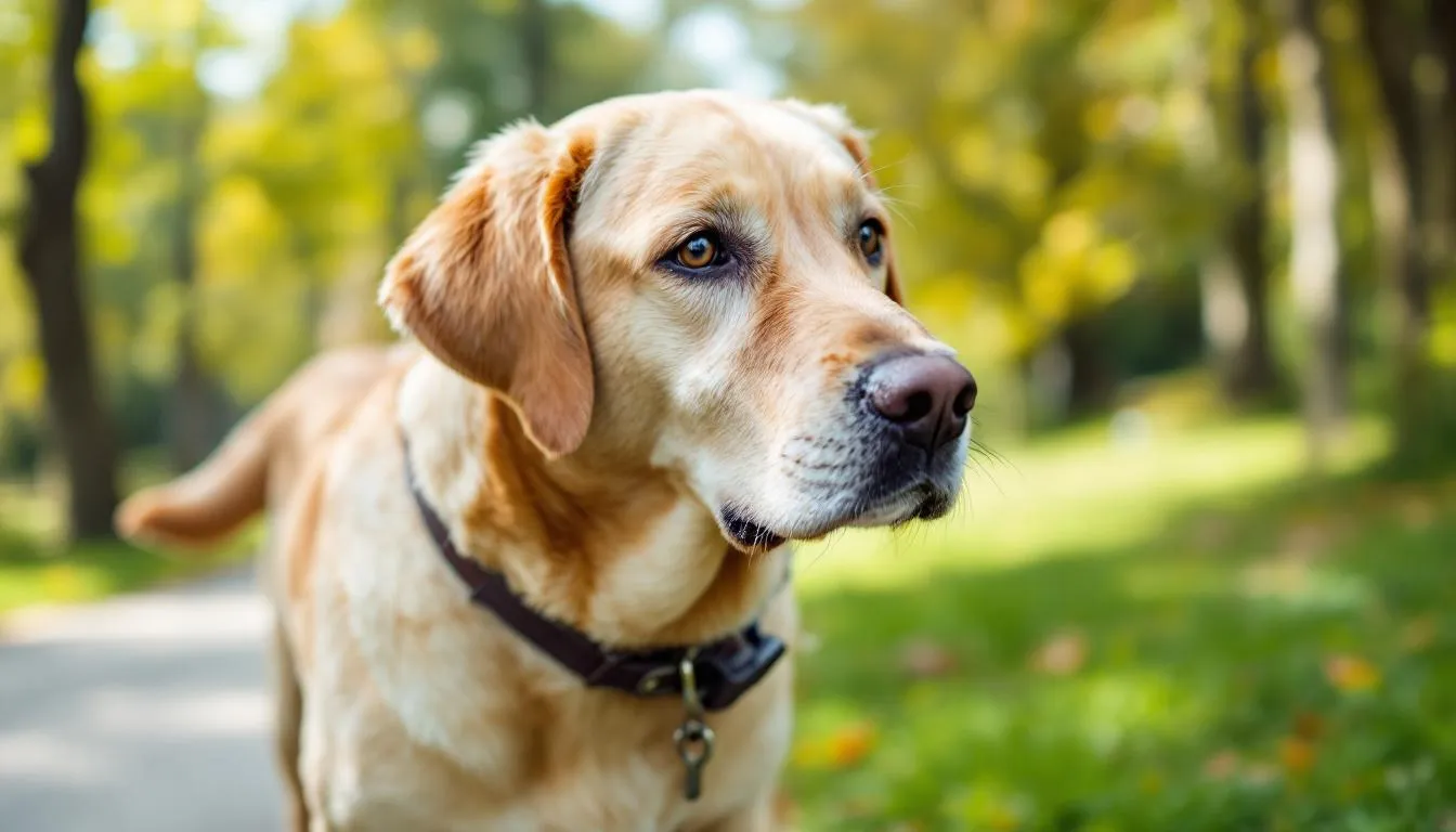 Na zdjęciu widoczny jest labrador retriever z nadwagą, spacerujący w parku. Pies ma podkasany brzuch i wygląda na otyłego, co może sugerować potrzebę odchudzania psa poprzez odpowiednią dietę i zwiększoną aktywność fizyczną.